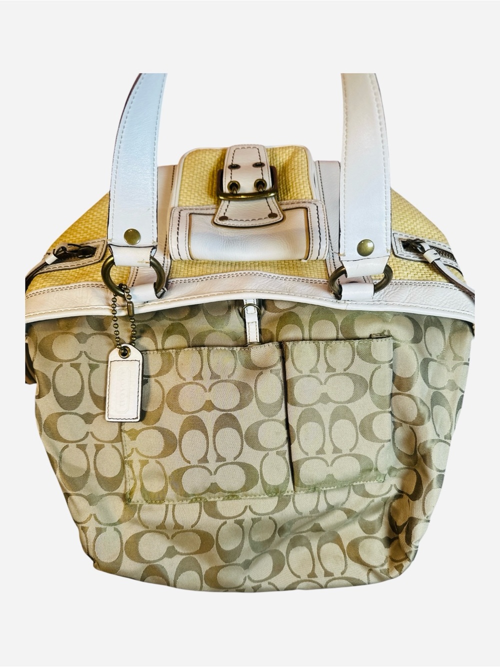 Coach Vintage Legacy Woven Straw White Leather Tote Bag - Picture 12 of 14
